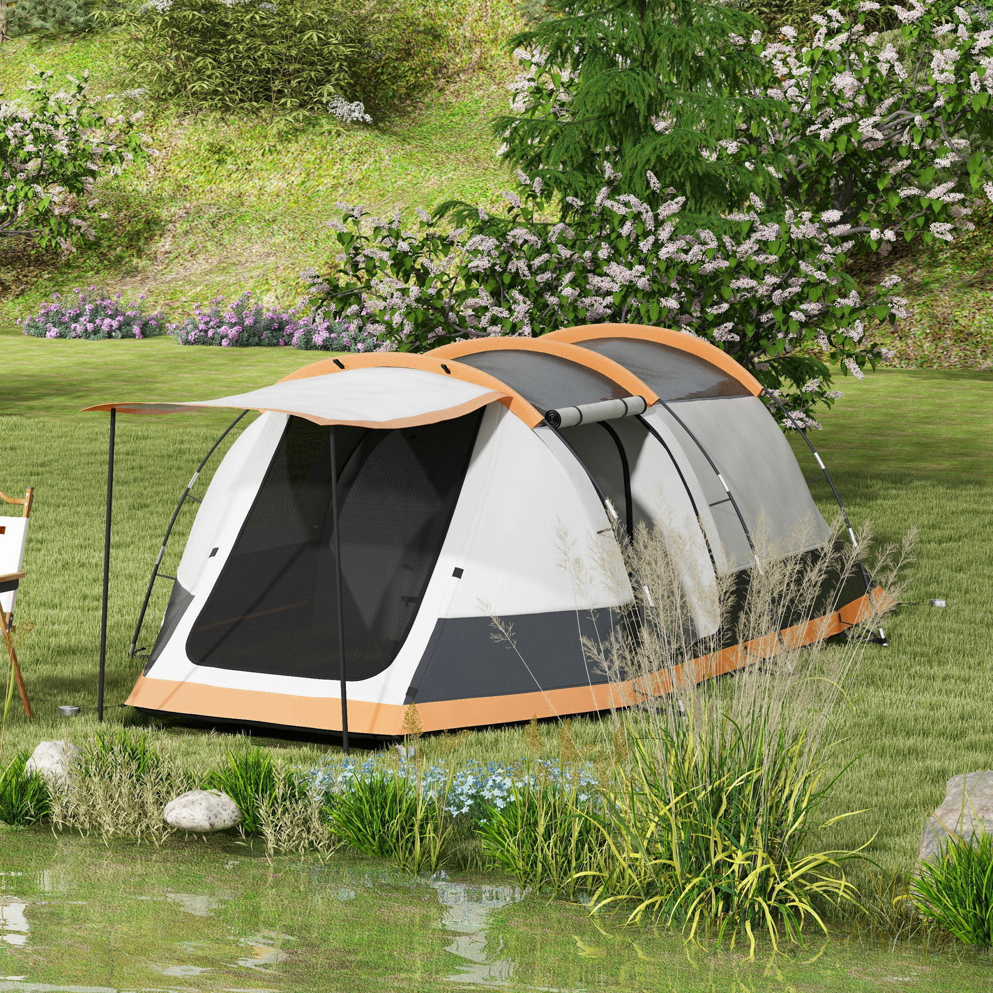 Outsunny Tunnel Tent with Bedroom, Living Room and Porch for 3-4 Man, Orange - Image 2