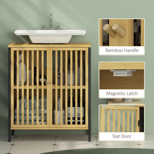 HOMCOM Under Sink Bathroom Cabinet, Bamboo Sink Storage Cabinet Slat Doors - Image 7