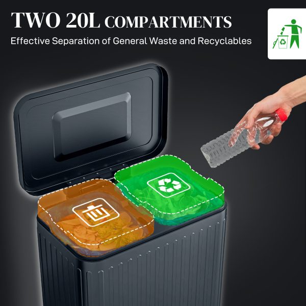 HOMCOM 2 x 20L Double Rubbish Bin, Pedal Bin with Soft-Close Lid, Black - Image 3