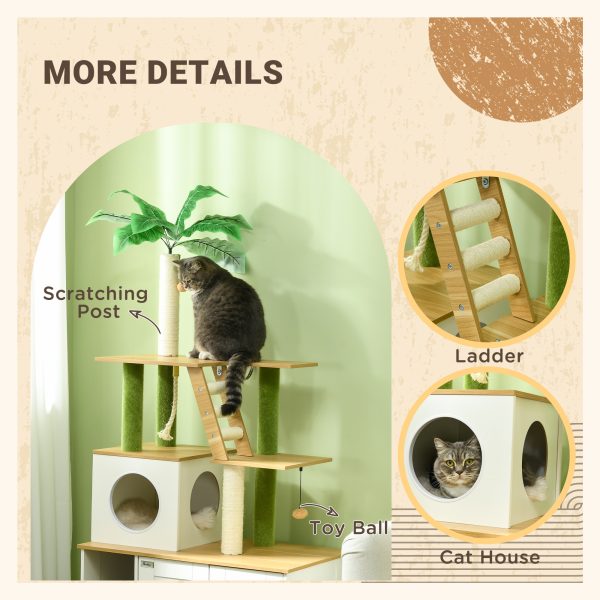 PawHut 2 in 1 Hidden Litter Box with Green Leaf Cat Tree, Indoor, Oak - Image 7