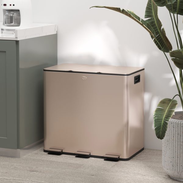 HOMCOM 3 x 15L Triple Kitchen Bin Pedal Bin for Recycling and Waste, Gold Tone - Image 2
