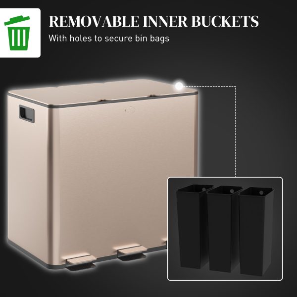 HOMCOM 3 x 15L Triple Kitchen Bin Pedal Bin for Recycling and Waste, Gold Tone - Image 7