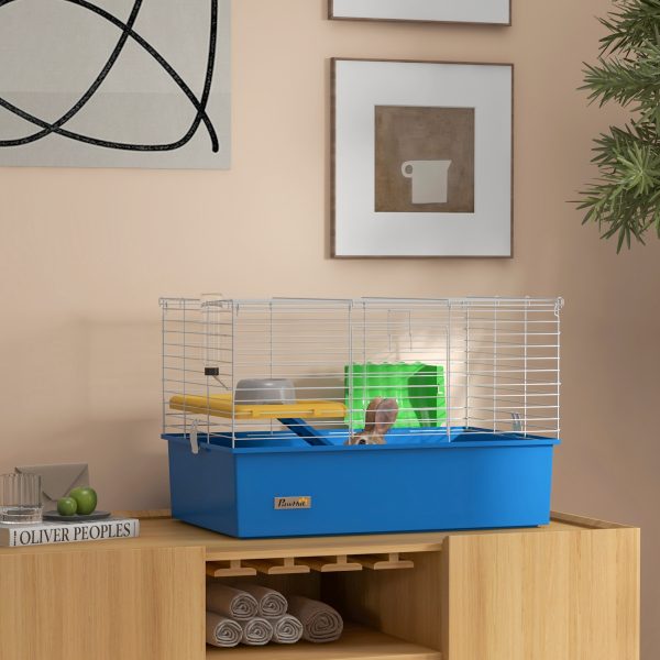 PawHut Small Animal Cage, Rabbit Guinea Pig Hutch, Pet Playhouse, Blue - Image 2