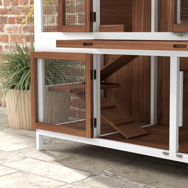 PawHut Two-Tier Wooden Rabbit Hutch w/ Openable Roof, Slide-Out Tray, Ramp - Image 7