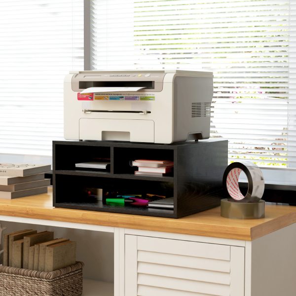 HOMCOM Desktop Printer Stand with 3 Open Compartments, Desk Organiser, Black - Image 4
