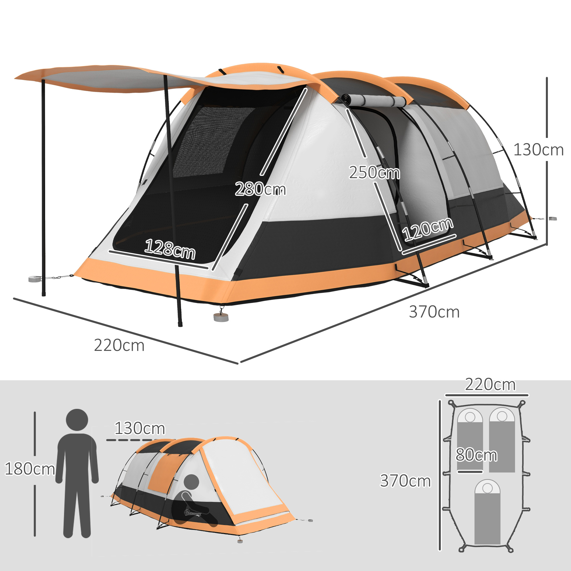 Outsunny Tunnel Tent with Bedroom, Living Room and Porch for 3-4 Man, Orange - Image 5