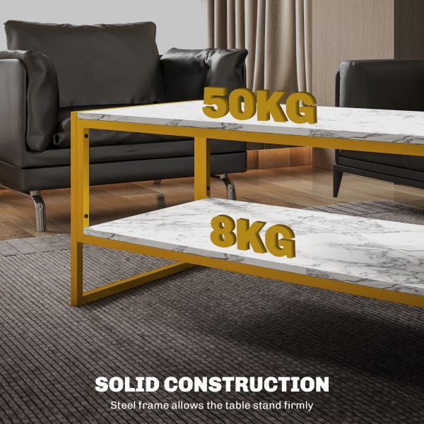 HOMCOM Two-Tier Coffee Table with Marble Effect Shelf and Metal Frame White - Image 4