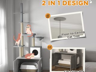 PawHut 2 in 1 Hidden Litter Box with Floor to Ceiling Cat Tree, Indoor, Grey