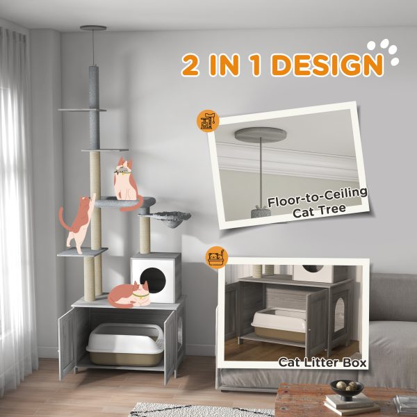PawHut 2 in 1 Hidden Litter Box with Floor to Ceiling Cat Tree, Indoor, Grey
