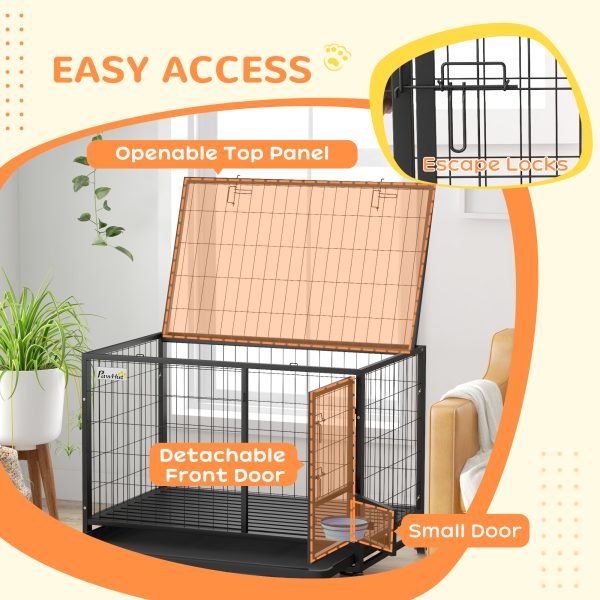 PawHut 43" Heavy Duty Dog Crate on Wheels w/ Bowl Holder, Removable Tray - Image 5