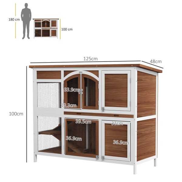 PawHut Two-Tier Wooden Rabbit Hutch w/ Openable Roof, Slide-Out Tray, Ramp - Image 4