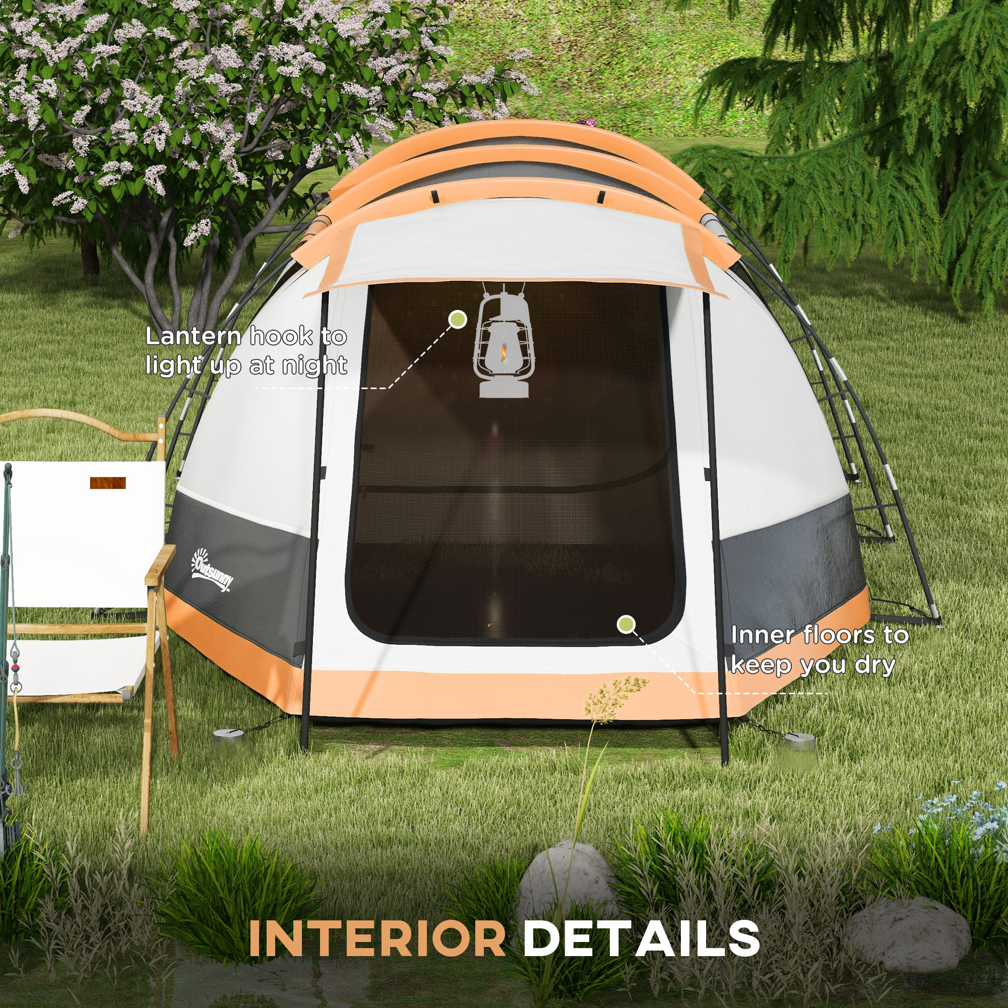 Outsunny Tunnel Tent with Bedroom, Living Room and Porch for 3-4 Man, Orange - Image 6