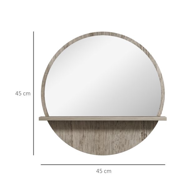 kleankin Round Mirror for Wall Makeup Mirror with Shelf Grey Wood Effect - Image 5