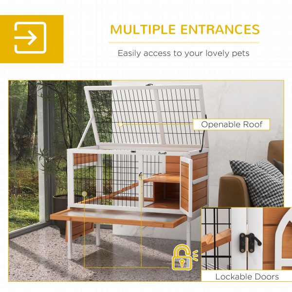 PawHut Wooden Rabbit Hutch, Elevated Guinea Pig Cage w/ Openable Roof, Yellow - Image 6