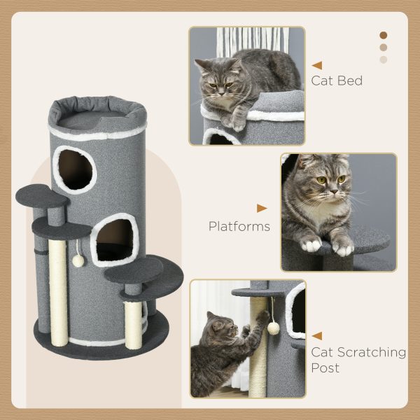 PawHut Barrel Shaped Cat Tree for Indoor Cats with Sisal Scratching Posts, Grey - Image 4