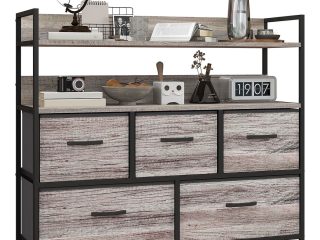HOMCOM Bedroom Chest of Drawers 5 Drawer Dresser w/ Shelves, Grey Wood Effect