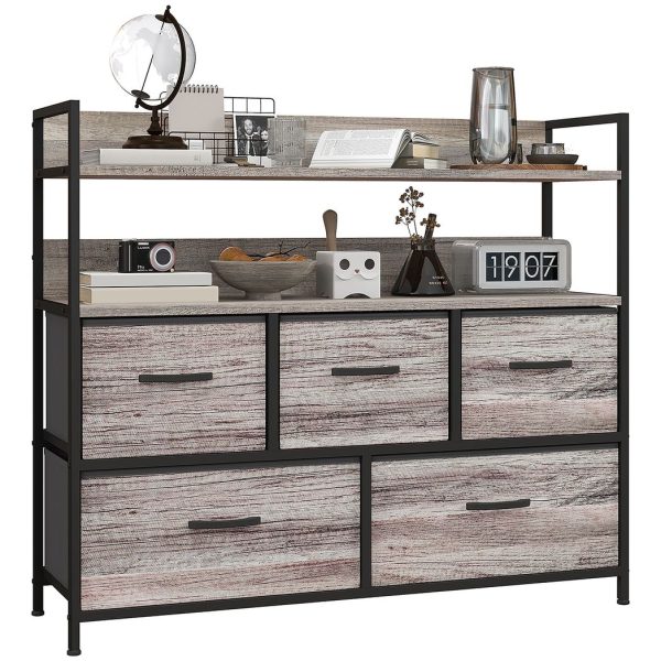 HOMCOM Bedroom Chest of Drawers 5 Drawer Dresser w/ Shelves, Grey Wood Effect