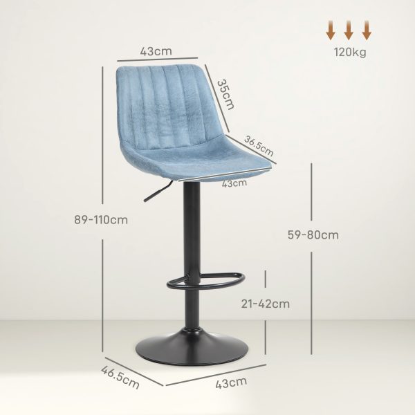 HOMCOM Set Of 2 Microfibre Retro Tub Bar Stools Metal Frame Footrest Seat Blue - Image 3