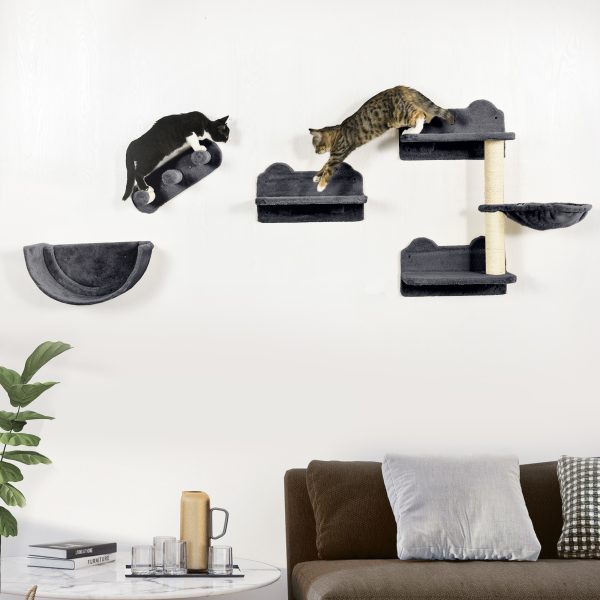 PawHut 4PCs Wall Mounted Cat Tree Cat Wall Shelves W/ Scratching Post Dark Grey - Image 2