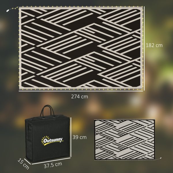 Outsunny Reversible Outdoor Rug with LED String Lights, Black and Coffee - Image 5