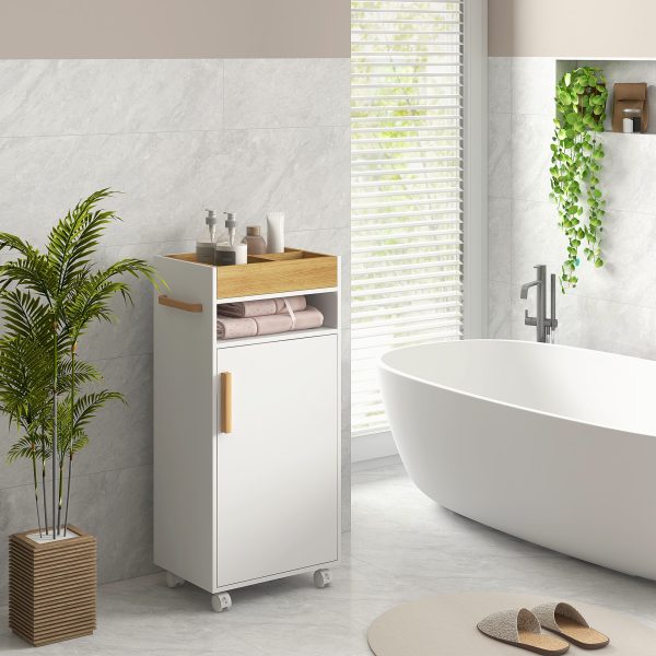 kleankin Bathroom Storage Cabinet with Cushioned Door and Wheels, White - Image 7