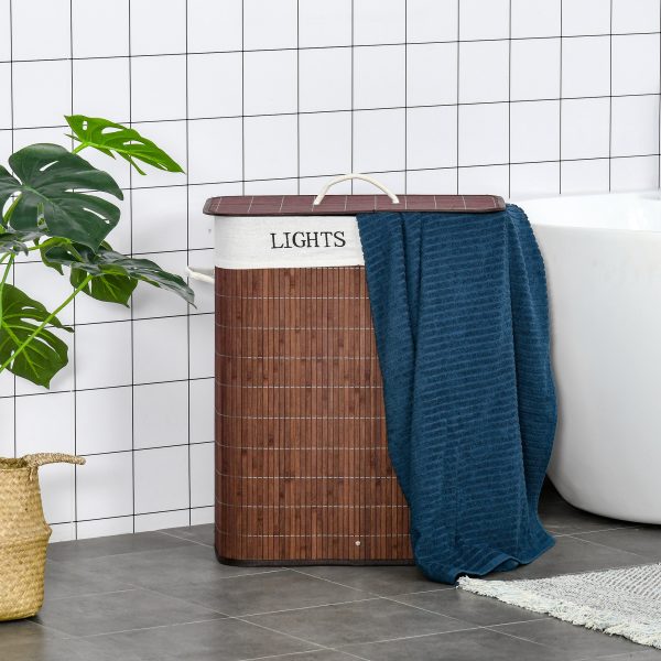 HOMCOM 2 Section Collapsible Laundry Hamper Lid Removable Lining, Brown - Image 4