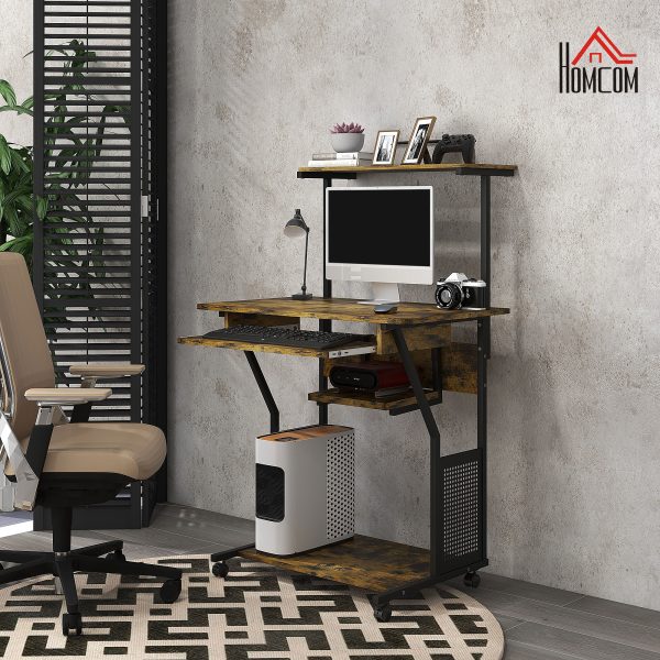 HOMCOM Rolling Computer Desk with Keyboard Tray Storage Shelves Rustic Brown - Image 7