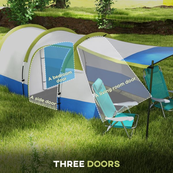 Outsunny 2-3 Man Camping Tunnel Tent with Bedroom and Living Room, Green - Image 4