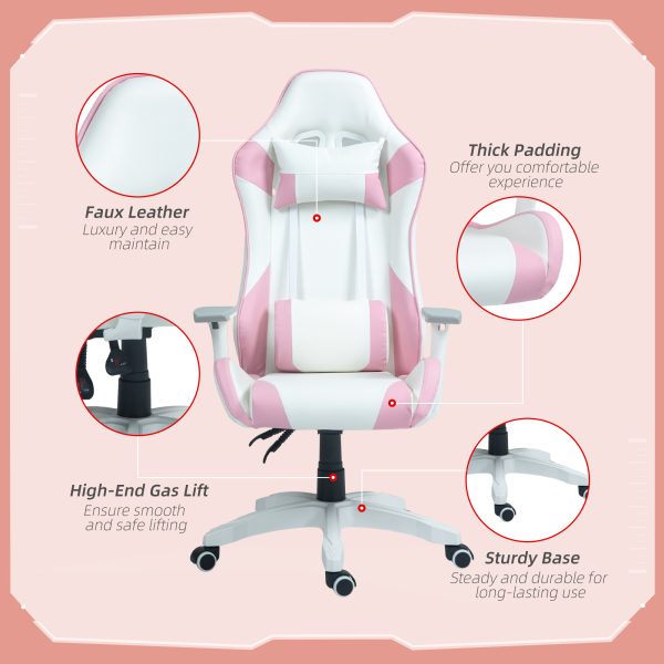 HOMCOM Gaming Chair for Adults Faux Leather Computer Chair w/ 3D Armrests Pink - Image 8