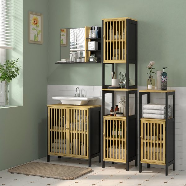 HOMCOM Under Sink Bathroom Cabinet, Bamboo Sink Storage Cabinet Slat Doors - Image 2