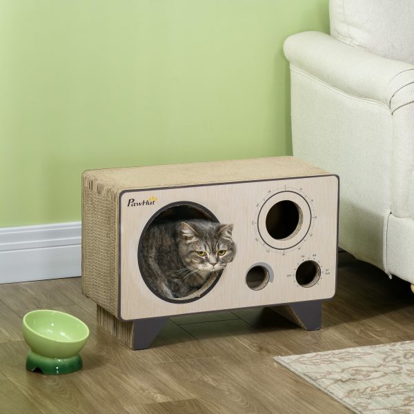PawHut Radio Shape Cat Scratching Board with Catnip, Natural Wood Finish - Image 2