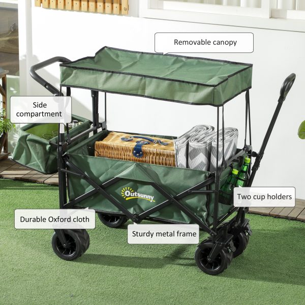 Outsunny Outdoor Push Pull Wagon Stroller Cart with Canopy Top Green - Image 7