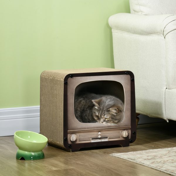 PawHut TV Shape Cat Scratching Board with Catnip, for Indoor Cats, Brown - Image 2