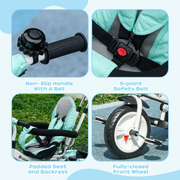 HOMCOM 6 in 1 Kids Trike, Stroller with Parent Handle, Green - Image 6