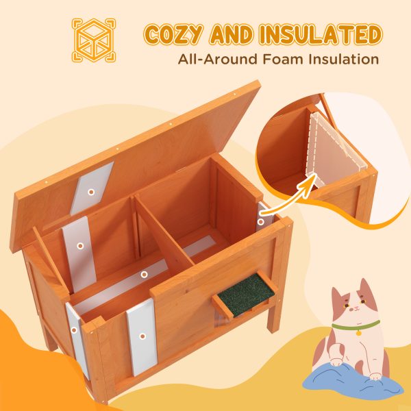 PawHut Outdoor Feral Cat House Insulated w/ Openable Roof - Orange - Image 3