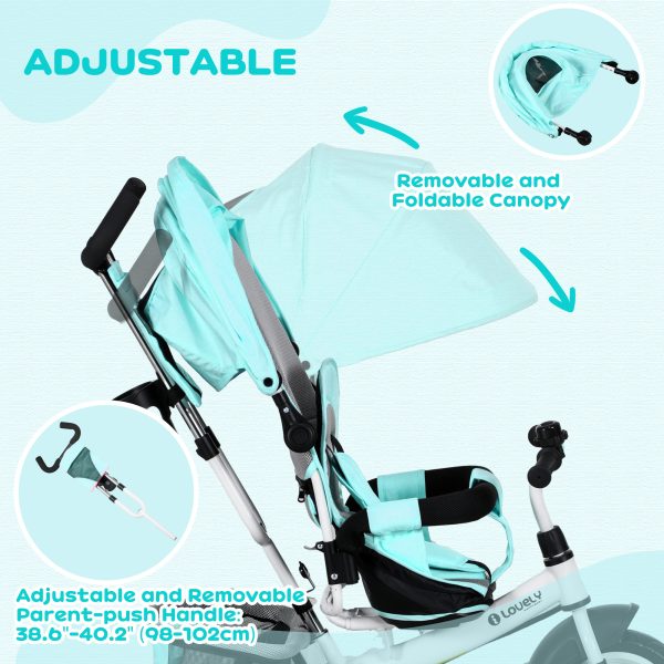 HOMCOM 6 in 1 Kids Trike, Stroller with Parent Handle, Green - Image 3