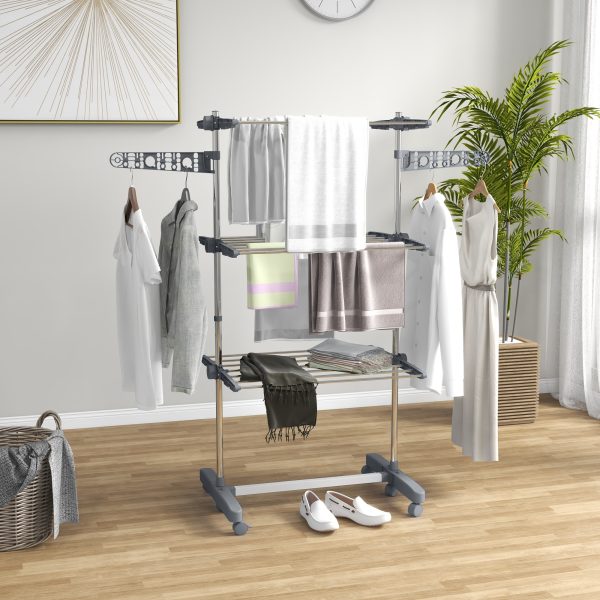 HOMCOM 3-Tier Large Clothes Airer Stainless Steel Clothes Drying Rack Grey - Image 2