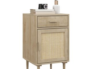HOMCOM Bedside Table with Rattan Drawer, Cabinet and Adjustable Shelf, Natural