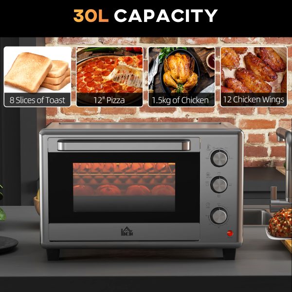 HOMCOM 30L Mini Oven with Adjustable Temperature, 60 Min Time 1600W, Silver - Image 4