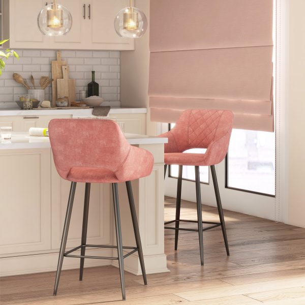 HOMCOM Bar Stools Set of 2, Velvet-Touch Fabric Counter Height Bar Chairs Pink - Image 8