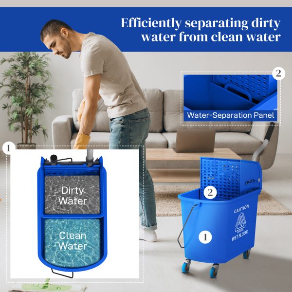 HOMCOM 20L Mop Bucket with Wringer Handle on Wheels for Floor Cleaning Blue - Image 5
