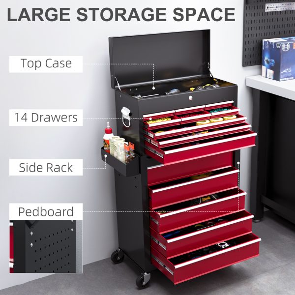 HOMCOM Rolling Tool Chest Lockable Roller Cabinet with with 14 Drawers Red - Image 4