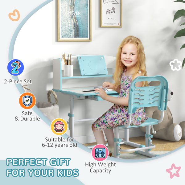 ZONEKIZ Height Adjustable Kids Desk and Chair Set, with Drawer, Bookshelf, Blue - Image 3