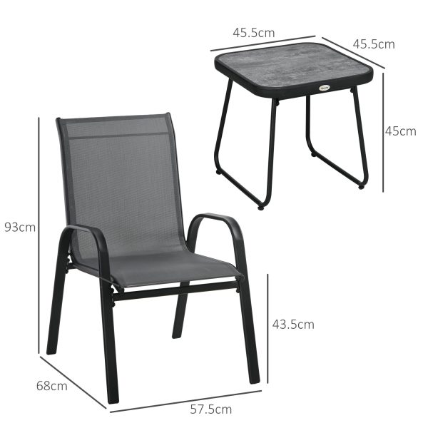 Outsunny 3PCs Bistro Set with Breathable Mesh Fabric Stackable Chairs Light Grey - Image 5