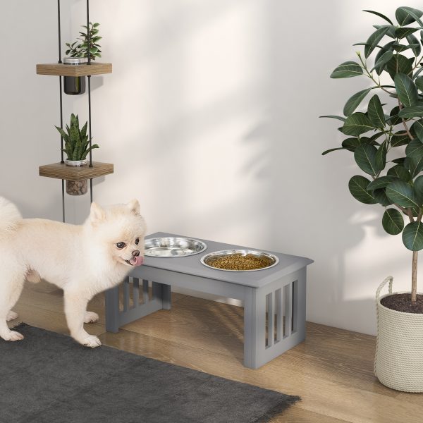 PawHut Raised Dog Bowls Pet Feeder Raised Elevated Stainless Steel Food Grey - Image 2