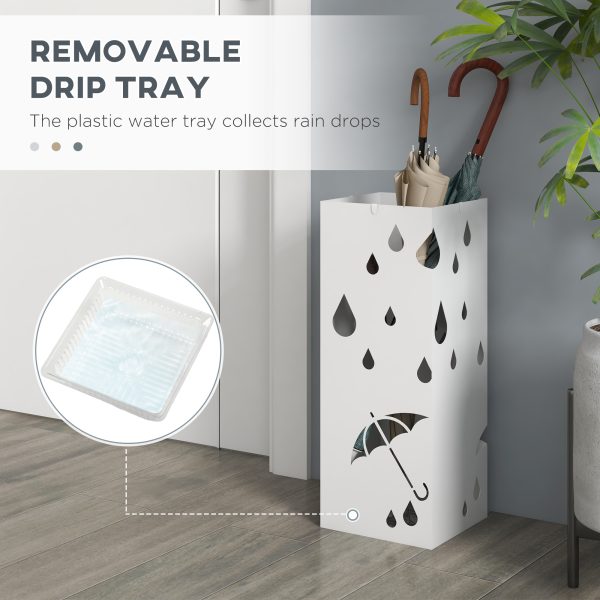 HOMCOM Metal Umbrella Stand, Square Umbrella Basket with 4 Hooks Drip Tray White - Image 5