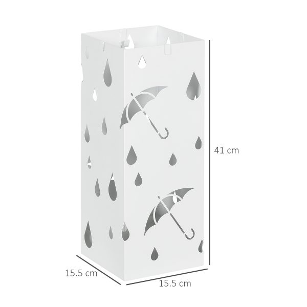 HOMCOM Metal Umbrella Stand, Square Umbrella Basket with 4 Hooks Drip Tray White - Image 3