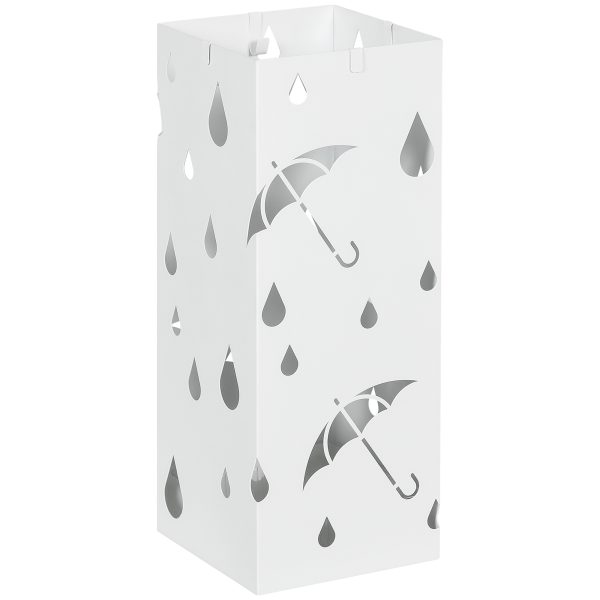 HOMCOM Metal Umbrella Stand, Square Umbrella Basket with 4 Hooks Drip Tray White