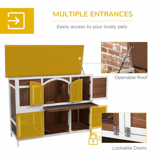 PawHut Two-Tier Wooden Rabbit Hutch w/ Openable Roof, Slide-Out Tray, Ramp - Image 3