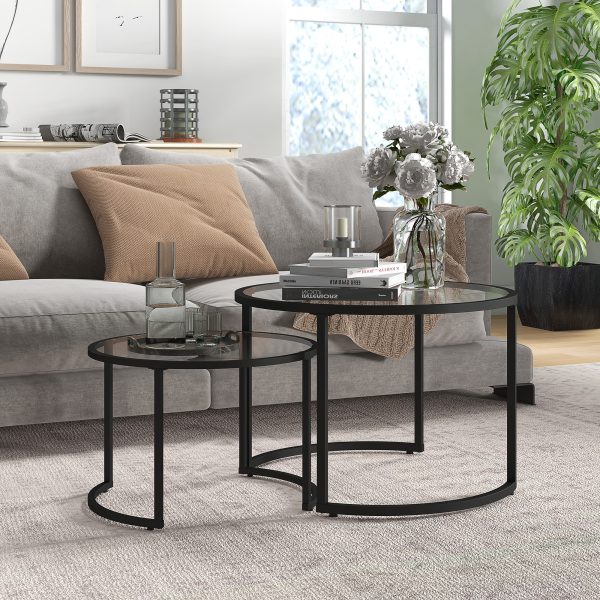HOMCOM Glass Coffee Table Set of 2, Round Nest of Tables for Living Room - Image 2